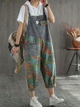Vintage Printed Jean Splicing Sleeveless Jumpsuit